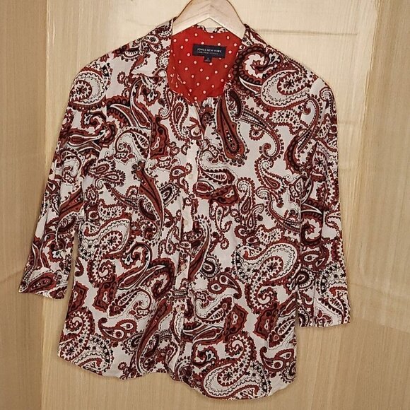 Jones New York Plus Red White Paisley Contrasting Cuff Button Down 1X - Picture 1 of 6